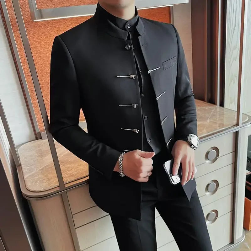 Chinese Style Stand Up Collar Suit Jacket for Men High Quality Mens Slim Fit Casual Social Wedding Dress Coat Men's Clothing