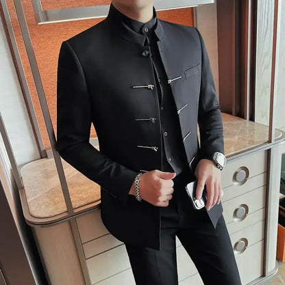 Chinese Style Stand Up Collar Suit Jacket for Men High Quality Mens Slim Fit Casual Social Wedding Dress Coat Men's Clothing