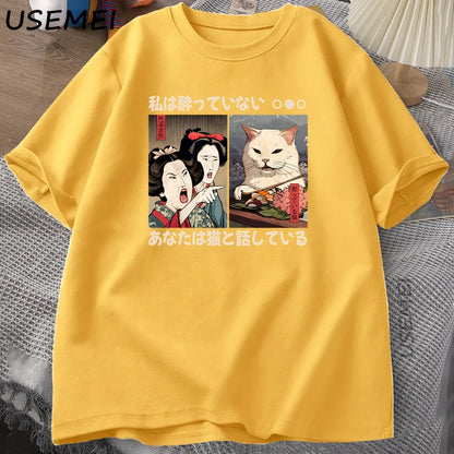 Funny Yelling At A Cat Meme T-shirts Vintage Japanese Style Cat Graphic T Shirts Men Women O Neck Short Sleeve Cotton Top