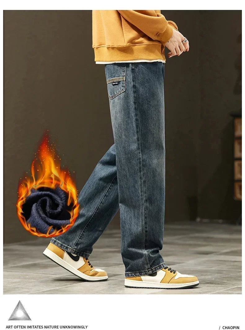 Thick Vintage Jeans Men's Winter Straight Warm Fleece Baggy Thermal Denim Trousers Fashion Korean Wide Male Plush Pants