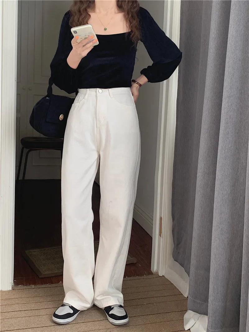 Korean Sle Simple Pure Color Wide Leg Jeans Pants for Women Summer Season Fall Collection Faion Ladies Premium Denim