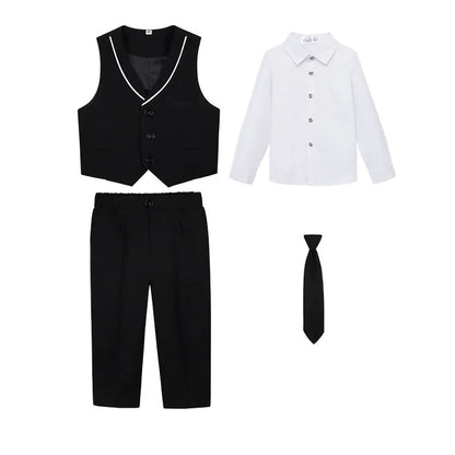 Children Spring Khaki Vest Shirt Pants Tie Photograph Suit Boys Formal Ceremony Tuxedo Dress Kids Wedding Performance Costume