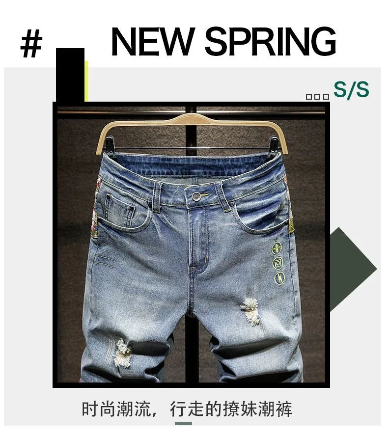New Summer Fashion Trend Ripped Straight Tube Printed Denim Shorts Men's Casual Loose Comfortable Sports High Quality Pants