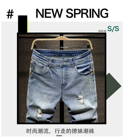New Summer Fashion Trend Ripped Straight Tube Printed Denim Shorts Men's Casual Loose Comfortable Sports High Quality Pants