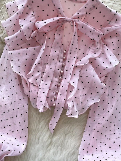 French Sweet Long Sleeved Blouse Women's Clothing Spring Autumn Bow Ruffle Edge Polka Dot Printed Chiffon Shirt Top C42