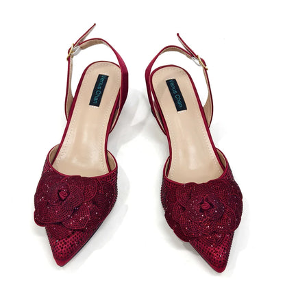 Fashion Ladies Evening Shoes And Bags Paired With Handmade Petal Wine Color Pointed Toe Mid-Heel Nigerian Women Party Shoes