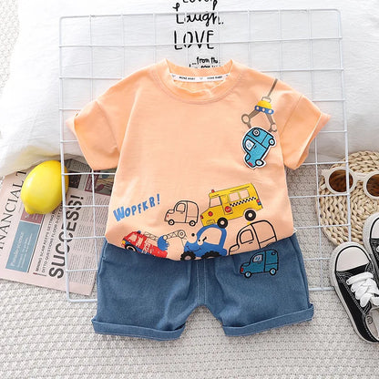 New Baby Boys Clothing Sets Summer Cartoon Car T Shirt +Denim Shorts Toddler Infant Kids Casual Infant Clothes Suits 1-5 Years