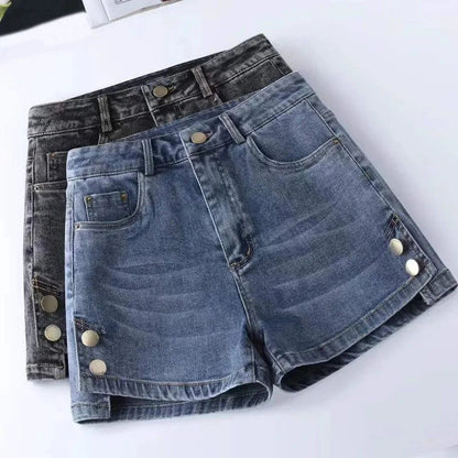 Women High Waisted Denim Shorts Versatile Chic Button Design Hot Short Jeans Woman Streetwear A-Line Wide Leg Cowboy Shorts