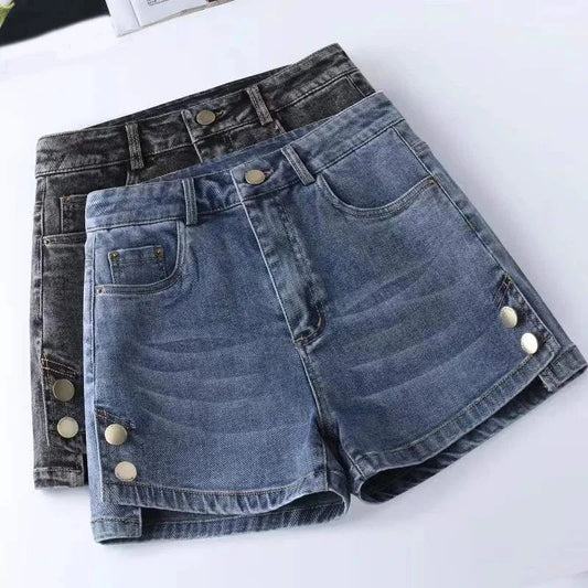 Women High Waisted Denim Shorts Versatile Chic Button Design Hot Short Jeans Woman Streetwear A-Line Wide Leg Cowboy Shorts