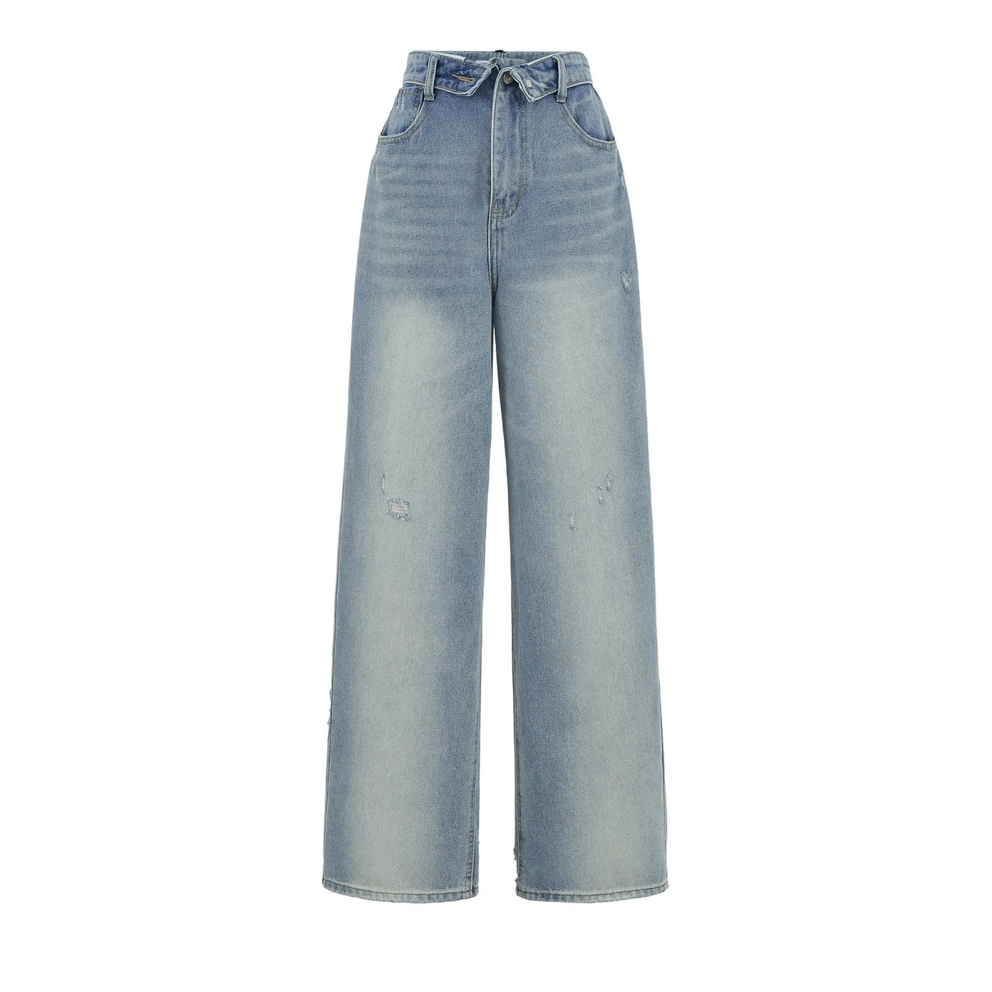 American Retro Cuffed High Waist Slimming Casual Denim Jeans Women's Autumn Versatile Loose Straight Leg Floor-Length Pants