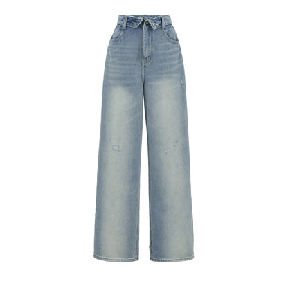 American Retro Cuffed High Waist Slimming Casual Denim Jeans Women's Autumn Versatile Loose Straight Leg Floor-Length Pants