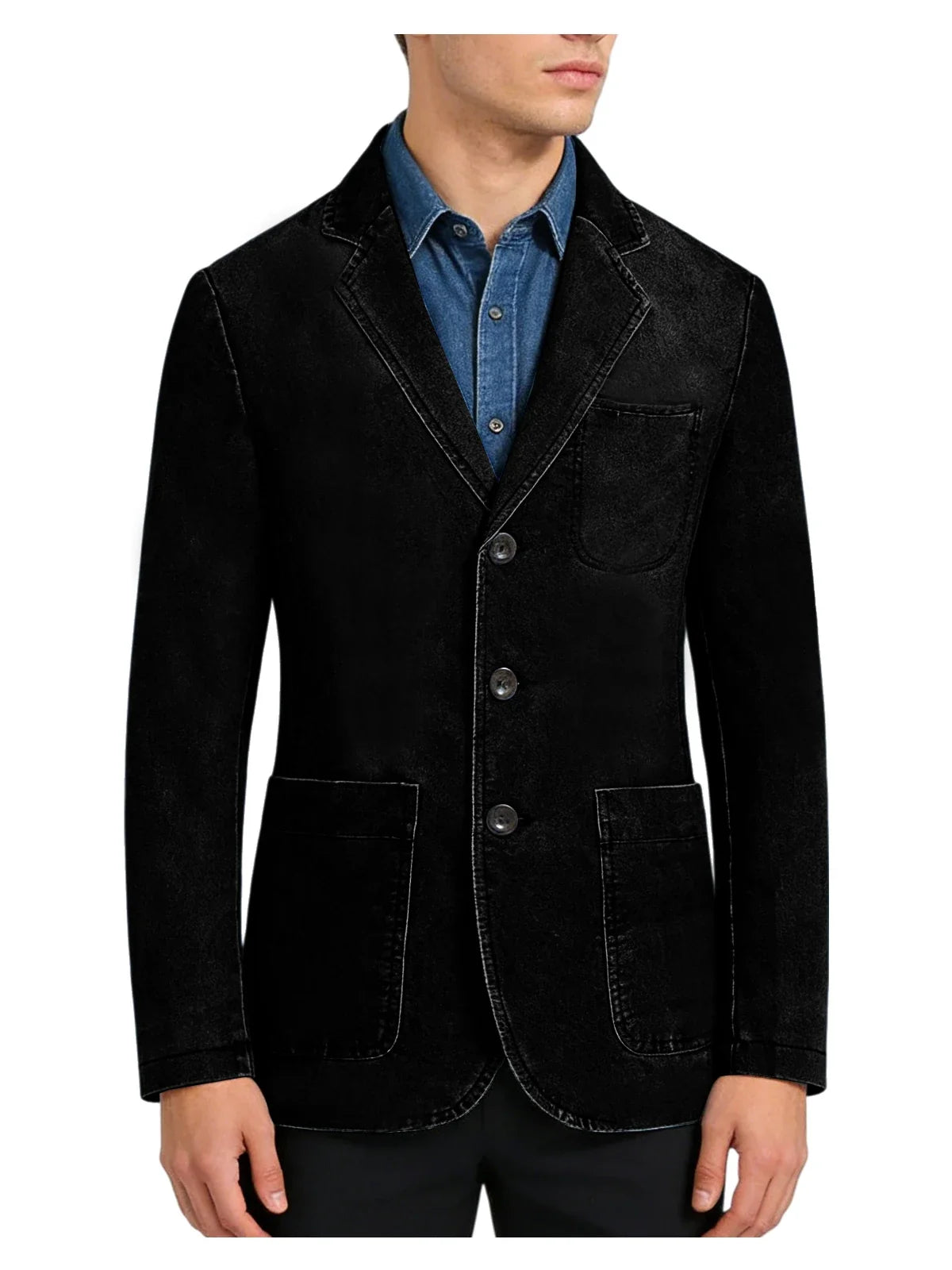 Men‘s Casual Denim Blazer Notch Lapel Jean Jacket Lightweight Stretch Suit Sport Coat with Pockets
