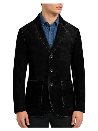 Men‘s Casual Denim Blazer Notch Lapel Jean Jacket Lightweight Stretch Suit Sport Coat with Pockets