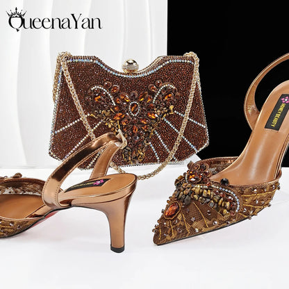 Med Heel Shoe for Women Hollowed Out Embroidery Rhinestone Italian Design Coffee Color Pointed-Toe Shoes and Bags Set