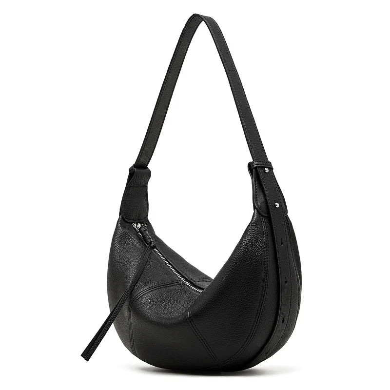 2025 New Top Grain Leather Croissant Dumpling Bag Unique Solid Color Shoulder Crossbody Bag Women Practical Commuting Handbag