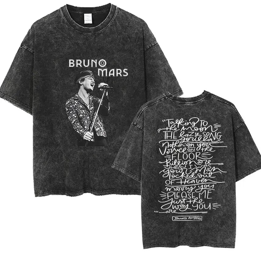 Bruno Mars The Romantic Tour 2026 Vintage Washed T Shirts Men's Women Punk Gothic Fashion Cotton Short Sleeve T-Shirt Streetwear