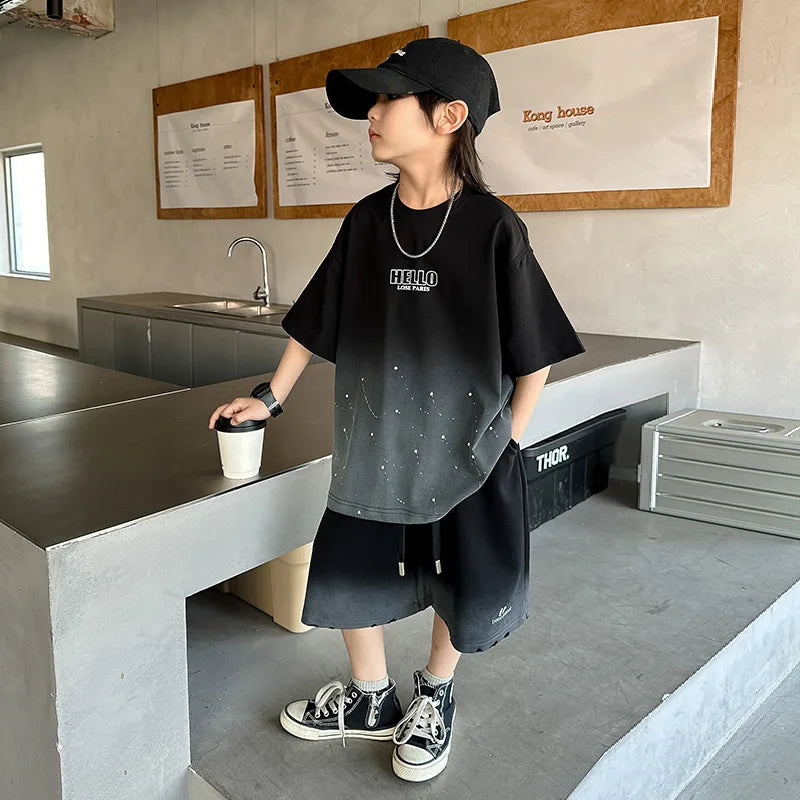 Summer Boys Cotton Leisure Star Print Gradient T-Shirt Top+Shorts Workout Set School Kids 2PCS Tracksuit Children Outfit 5-16 Yr