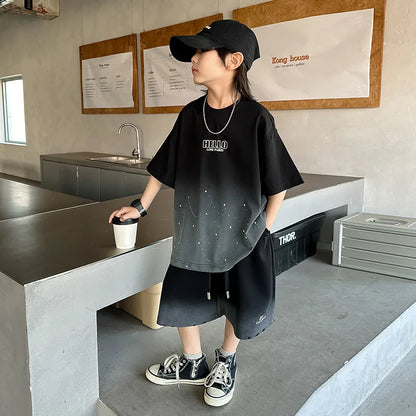 Summer Boys Cotton Leisure Star Print Gradient T-Shirt Top+Shorts Workout Set School Kids 2PCS Tracksuit Children Outfit 5-16 Yr