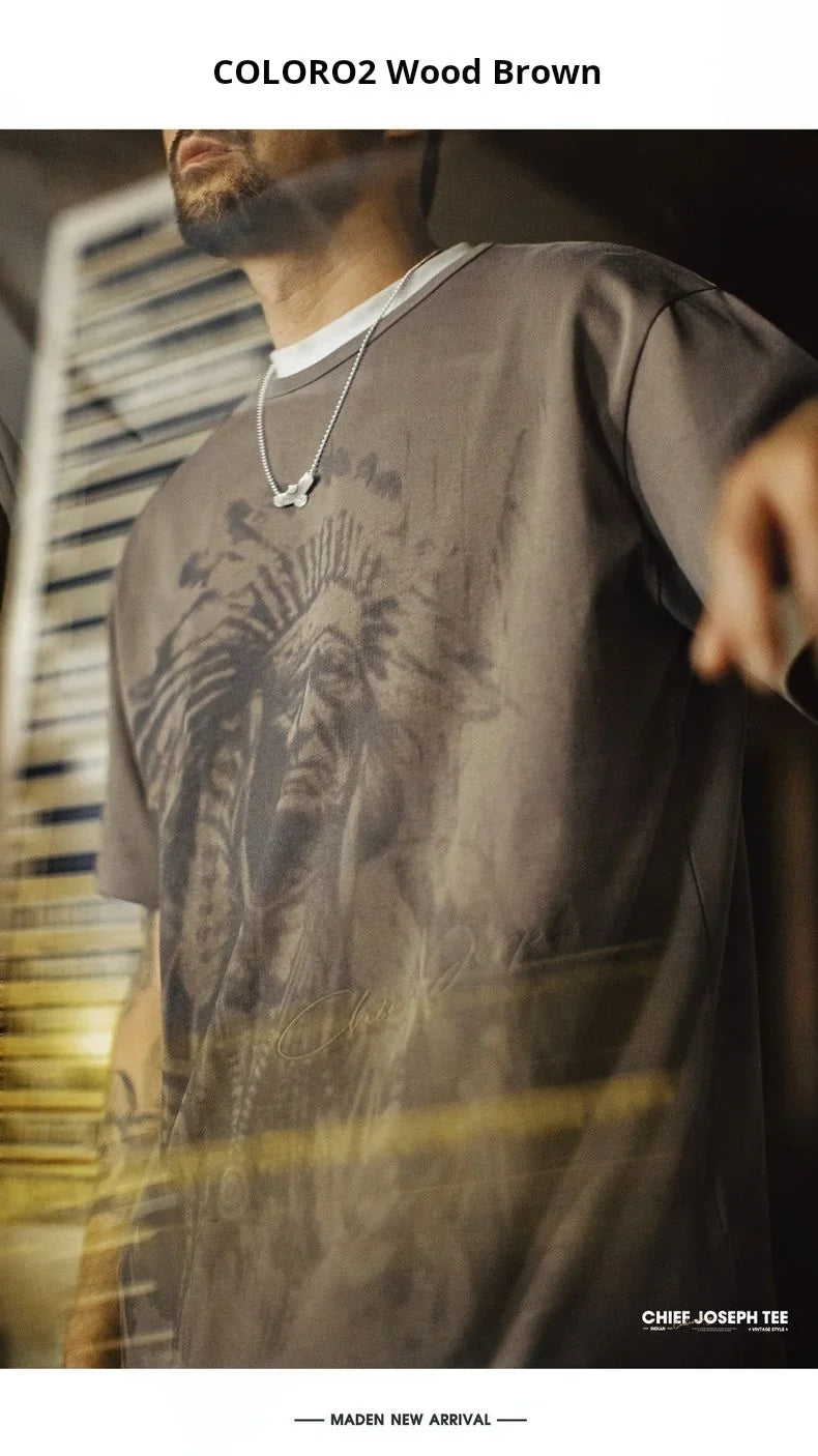 Vintage Navajo Print Short Sleeve T-Shirt Men's Summer Heavyweight Cotton Tee Letter Embroidered Loose Fit Crew Neck Tops