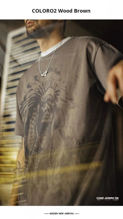Vintage Navajo Print Short Sleeve T-Shirt Men's Summer Heavyweight Cotton Tee Letter Embroidered Loose Fit Crew Neck Tops