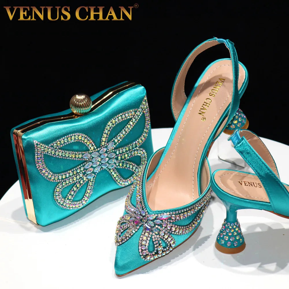 New Elegant Green Bling Bow Pointed Toe Pumps for Women 2024 Party italian Rhinestones shoes and bags matching set