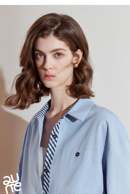 Women Striped shirt, spring 2025 new cavalry diagonal collar spliced pure cotton shirt