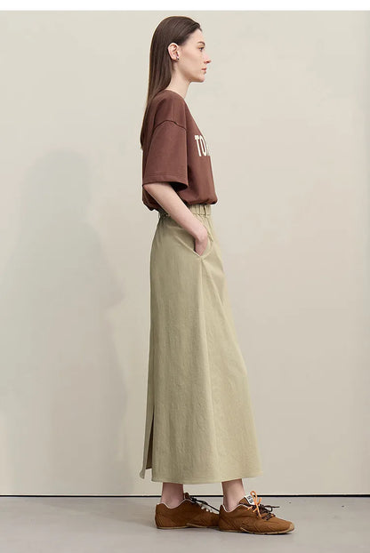 Women's Skirt 2026 Summer New Leisure Elastic Waist Slit A-Line Midi Skirt Women's Loose Embroidered Woman Clothes 12621058