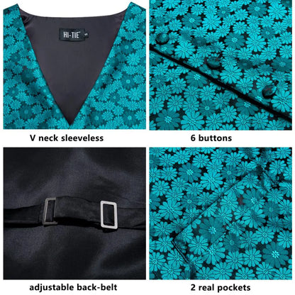 Luxury Mens Vests Black Gold Floral Jacquard Waistcoat Tie Hanky Cufflinks Brooch Set for Men Suit Wedding Office XL
