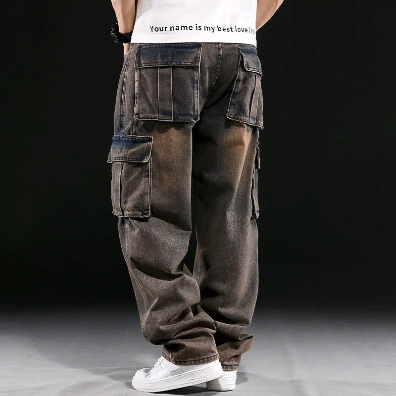 New Men's Fashion Multiple Pockets Loose Jeans Casual Denim Straight Pants Male Hip Hop Wide Leg Cargo Trousers Streetwear