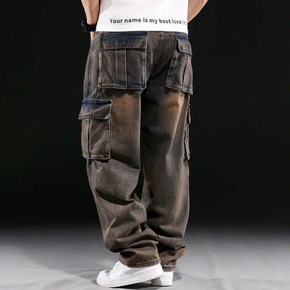 New Men's Fashion Multiple Pockets Loose Jeans Casual Denim Straight Pants Male Hip Hop Wide Leg Cargo Trousers Streetwear