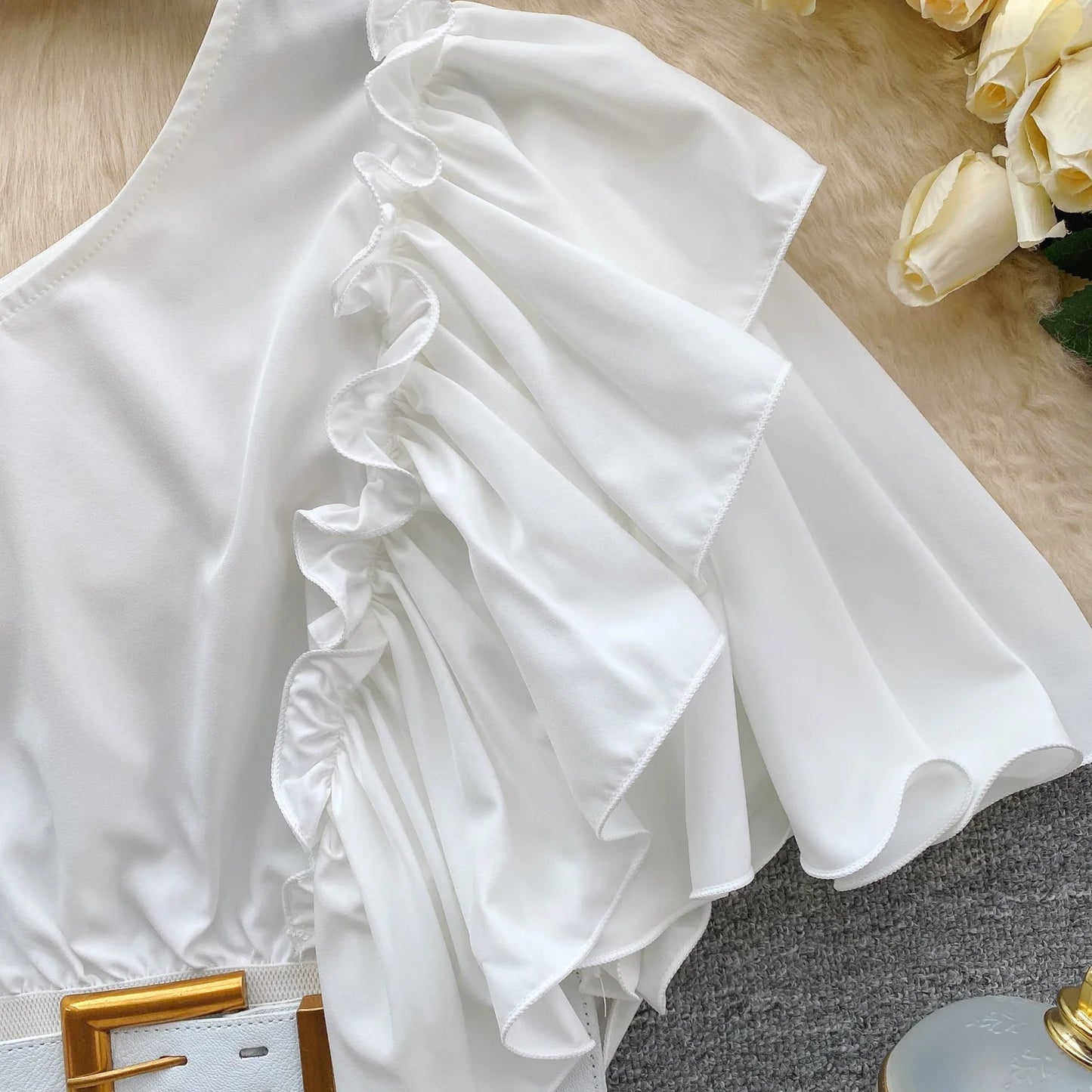 American Chic Blouse for Women Flounced Edge Skew Collar Bare Midriff Belt Skinny Shirts Summer Casual Female Tops Dropshipping