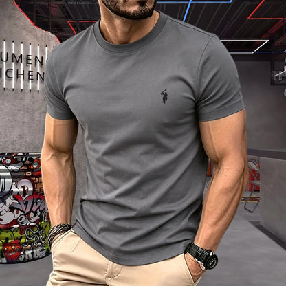 100% pure cotton high-quality brand round neck short sleeved men's 2026 summer fashion pony embroidery T-shirt casual sports top