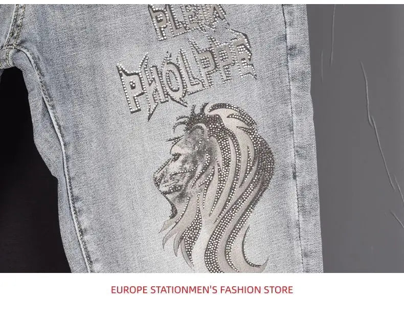 New Slim Fit Casual Jeans with Heavy Duty Ironing Drills Prints Branded Korean Style Clothes for Men Streetwear Washed Jeans