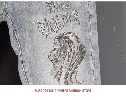 New Slim Fit Casual Jeans with Heavy Duty Ironing Drills Prints Branded Korean Style Clothes for Men Streetwear Washed Jeans