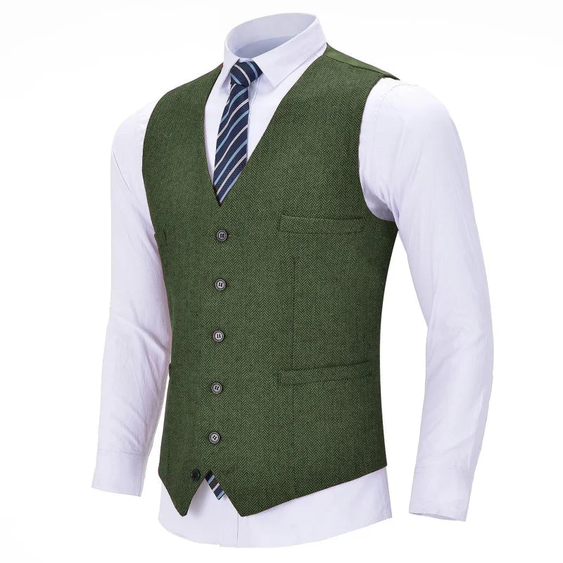 Men Vest Red Solid V Neck Herringbone Waistcoat For Wedding Business Birthday Banquet Work Set Men Suit Vest