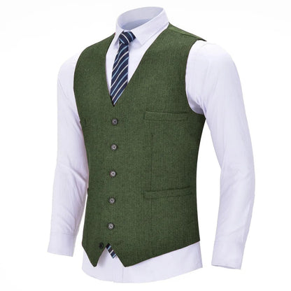 Men Vest Red Solid V Neck Herringbone Waistcoat For Wedding Business Birthday Banquet Work Set Men Suit Vest