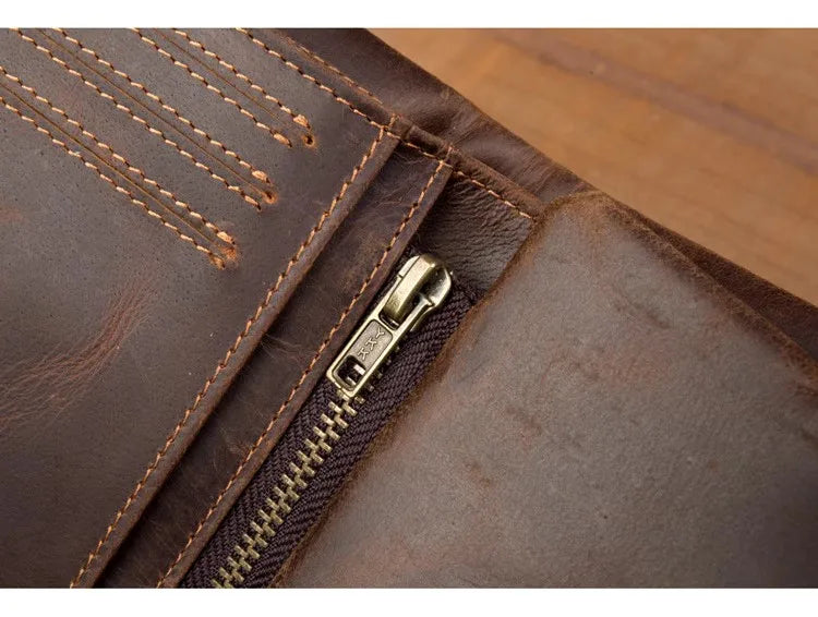Handmade crazy horse leather wallet retro vertical zipper wallet first layer cowhide simple old wallet man