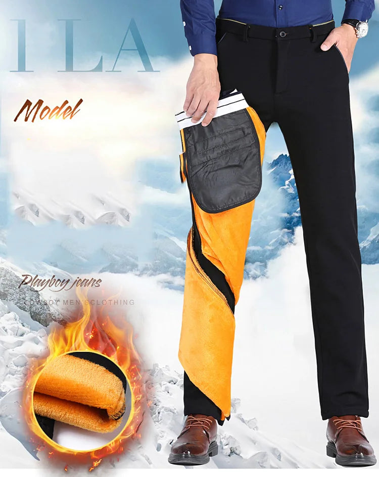 2025 Winter New Thickened Straight Slim Warm Business Casual Office Male Velvet Trousers Classic Men's Fleece Casual Pants