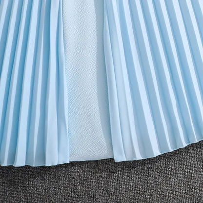 Girls 8-12 Light Blue Summer Casual Dress, Front Sleeveless Bow Decor High Waist Pleated Skirt, Daily Kids Outfit