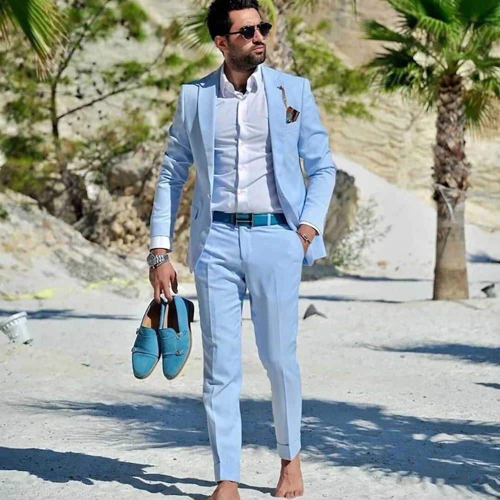 2 Piece Jacket Pants Blue Men's Suits Beach Travel Single Breasted Peaked Lapel Casual Men's Suits Blazer Terno Slim Fit Tailor