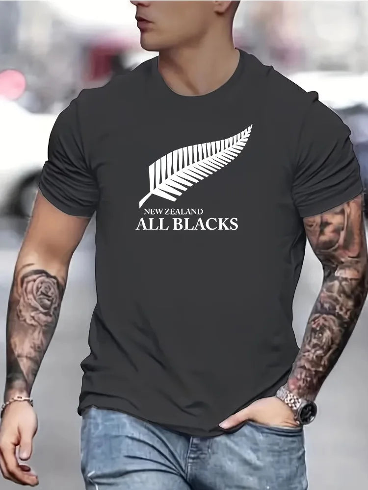 Men's Summer 100 Cotton Fashionable Casual Loose Large New Zealand Letter Feather Printed Round Neck Short Sleeve T-shirt Top