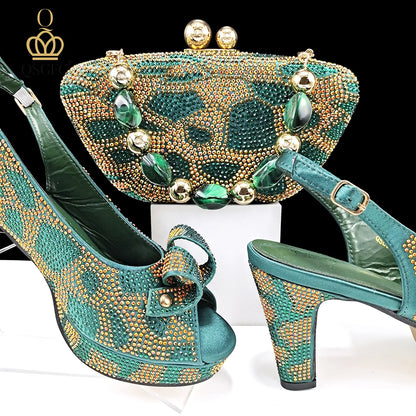 Italian Design Hard Bag & Open Toe High Heels Set Fuchsia Color Blocking Hot Rhinestones Fashion Sexy Women High Heels