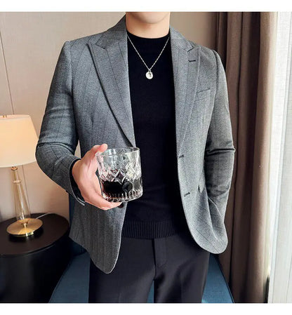 Men's Herringbone Stripe Suit Blazer Classic Lapel Dress Jacket Elegant Slim Fit Fashion Simple Casual Business Prom Suit Jacket
