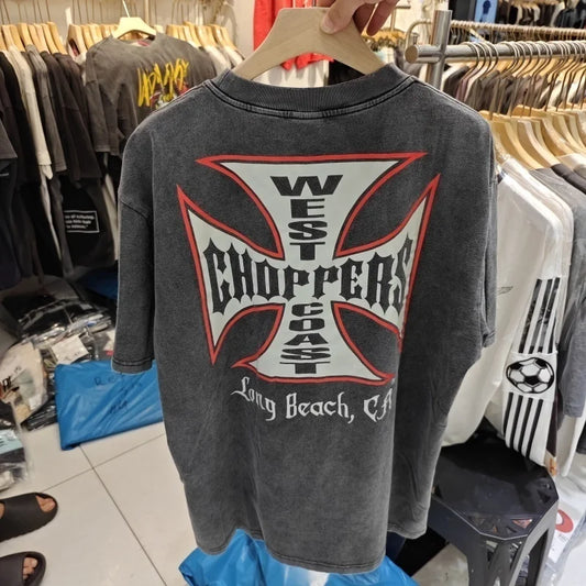 Summer Vintage West Coast Choppers Printed Washing T-Shirt Women Cotton Breathable Retro Biker Style Loose Fit Casual Streetwear