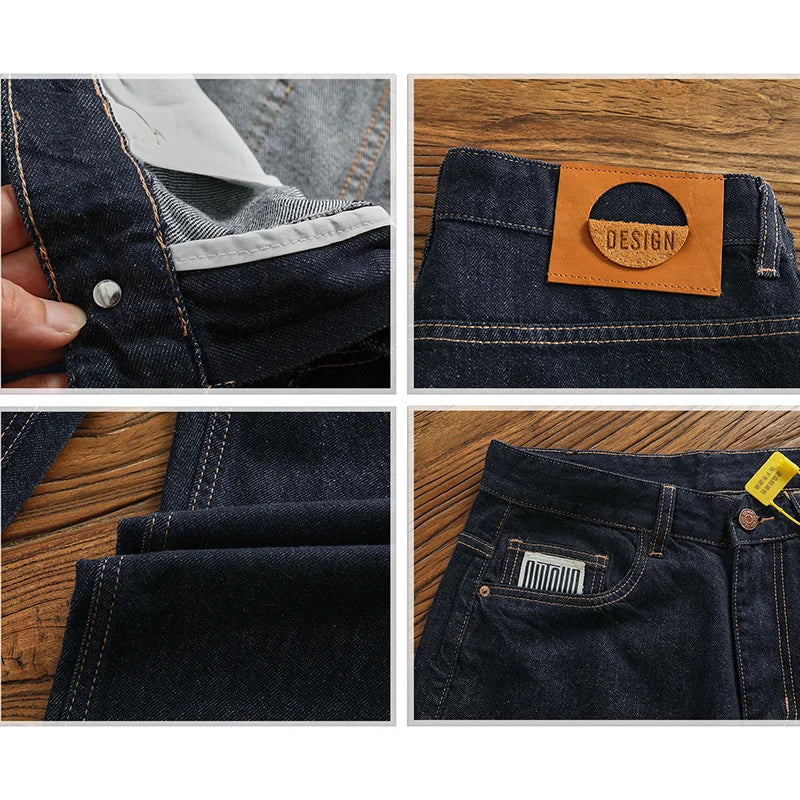 Anti-fading solid color general wash primary color denim jeans men's dark American casual loose straight cone pants