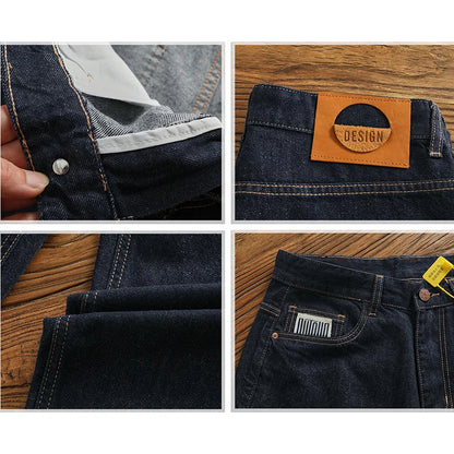 Anti-fading solid color general wash primary color denim jeans men's dark American casual loose straight cone pants