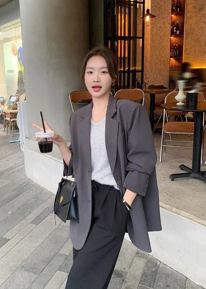 New Arrival Slim Fit Grey Blazer Jacket for Petite Women - Casual Chic Asymmetric Hem Design, Unique Small Size Office-Ready
