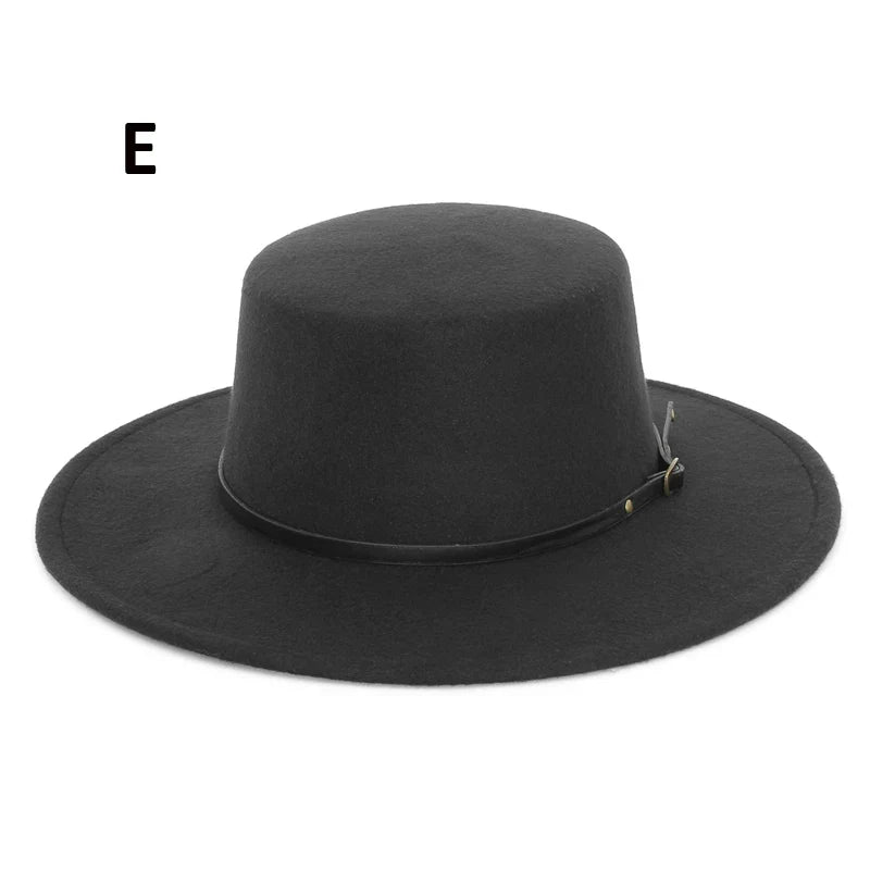 Elegant Wide Brim Fedora Hat for Women Men Flat Top Boater Hat Belt Buckle Fedoras Church Panama Hats