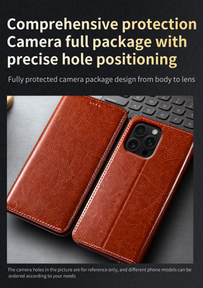 Crazy Horse Genuine Leather Flip Case For Apple iPhone 12 13 14 15 16 16e 17 Pro Max Plus Mini Air Phone Cover Card Cases