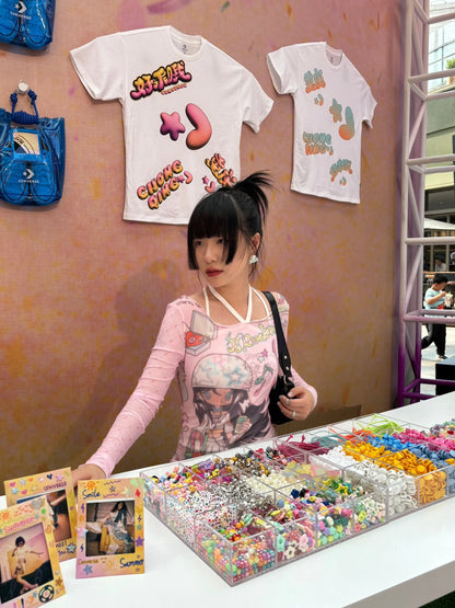Karrram Japanese Y2k Anime Print Mesh Tops 2000s Aesthetics Pink Sheer Top Vintage Harajuku Kawaii See Through T-shirt Lolita